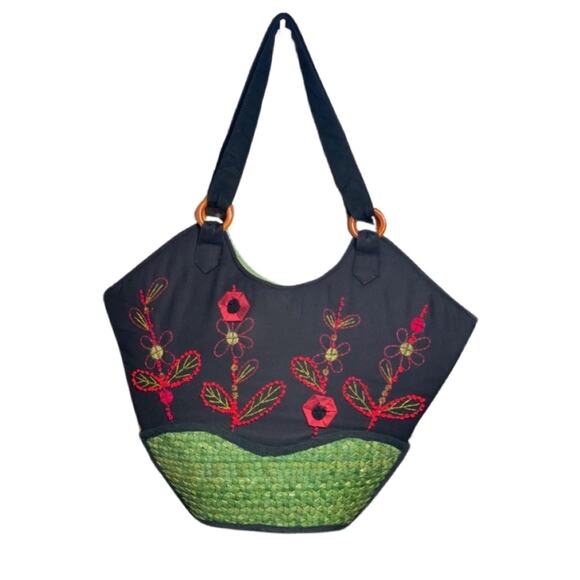 Lantern Moon Embroidered Straw Tote - Picture 1 of 10